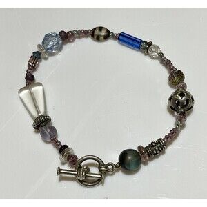Handmade Bracelet Silver Tone Glass Beads Toggle Closure 7in Boho Y2K Blue